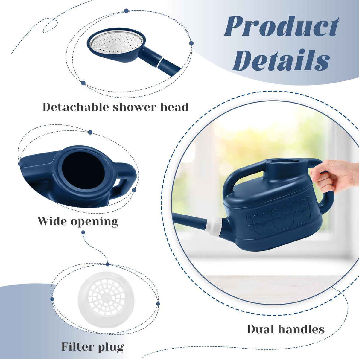 1 Gallon Watering Can, Garden Watering Can Outdoor, Plant Water Can with Removable Long Spout and Stainless Steel Sprinkler Head, Plastic Indoor Watering Cans for Gardening Flower Plants