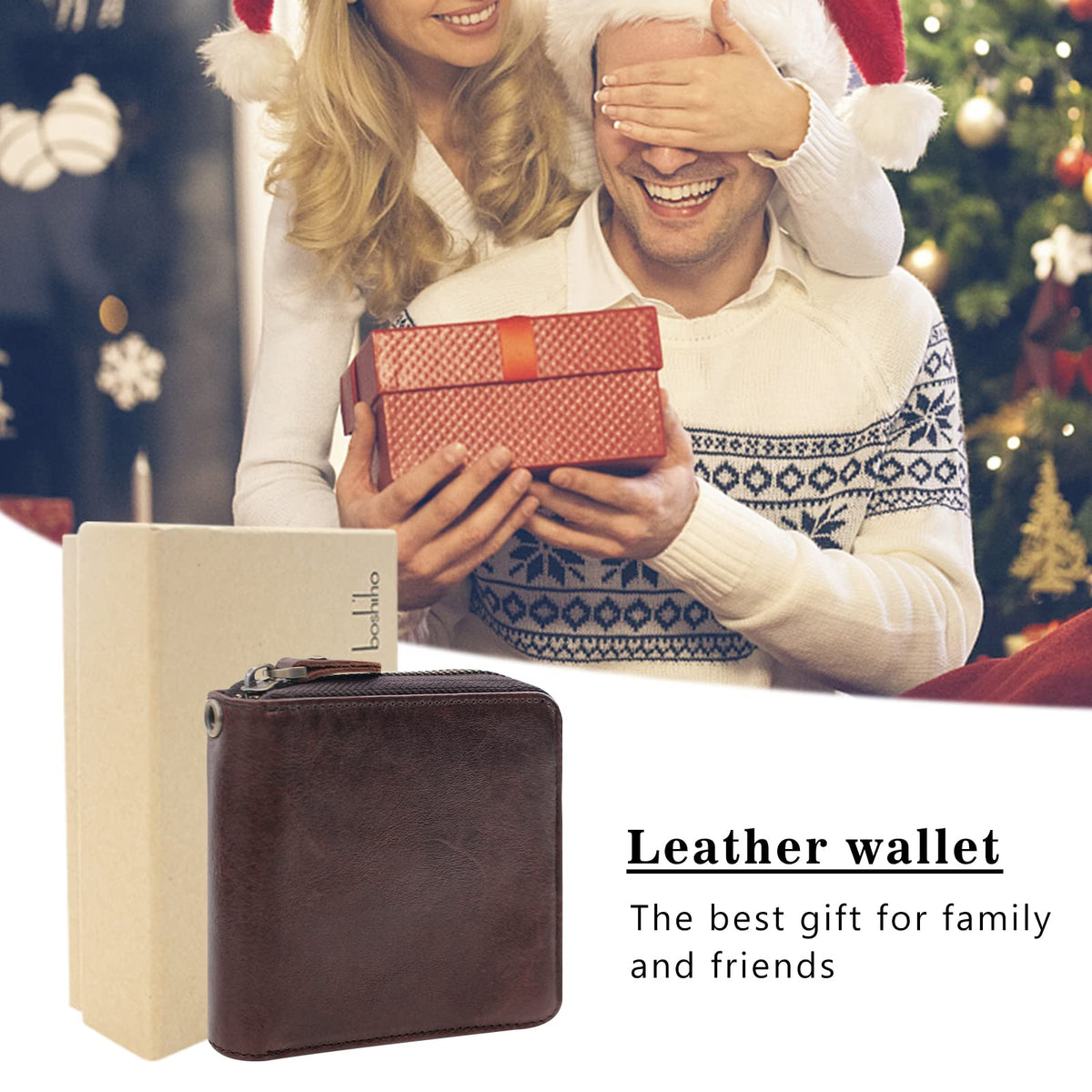 boshiho Real Leather RFID Blocking Bifold Wallets for Men Double Zipper Coin Pocket Purse with Anti-Theft Chain (Coffee 02)