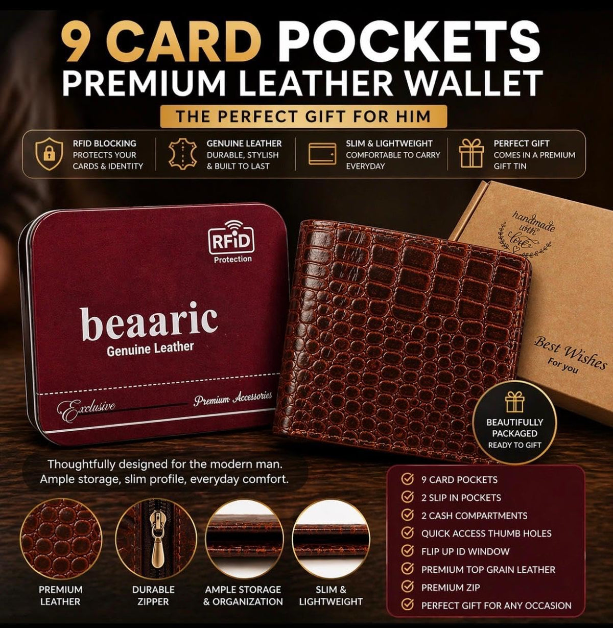 Beaaric Men’s Leather Wallet RFID Blocking Slim Bifold Wallet for Men with 9 Card Slots, 1 ID Window, 2 Hidden Pockets, Zip Coin Pocket & 2 Cash Compartments Stylish Brown Crocodile Pattern