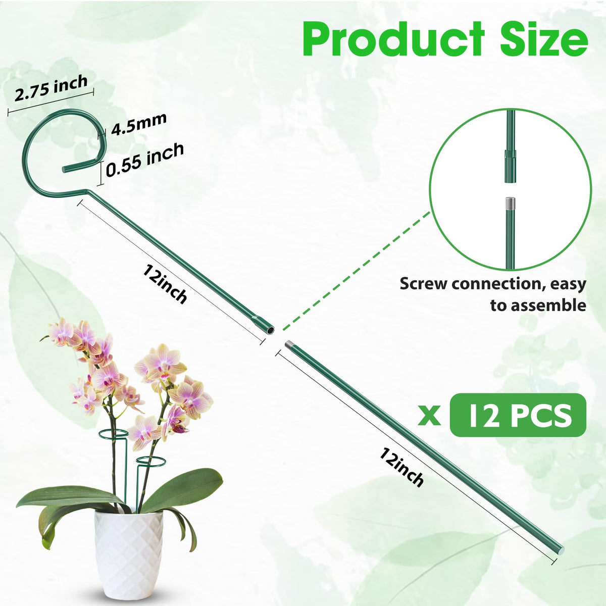 Unves 24 Inch Plant Stakes Tall, 12 Pack Garden Plant Support Stakes,Two Sizes(12" or 24") Single Stem Plant Cage for Outdoor Indoor Plants Orchid, Tomatoes, Peony, Lily, with 100 Pcs Twist Ties