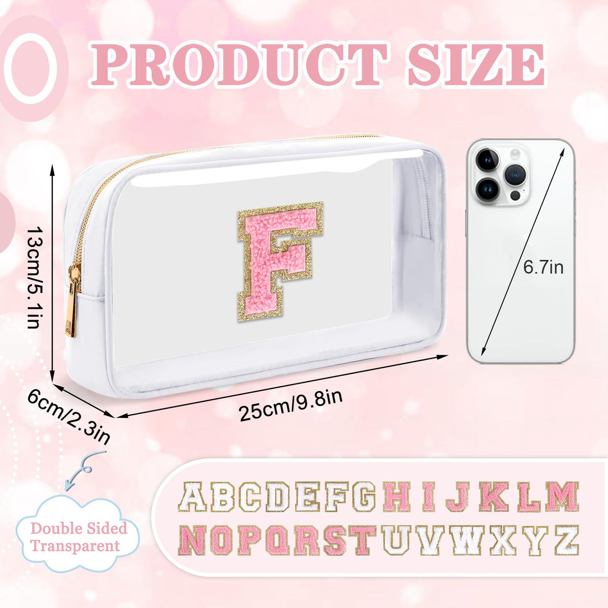 Small Clear Personalized Initial Makeup Bag,Nylon Preppy A-Z Chenille Letter Patch Cosmetic Pouch Beach Toiletry Bag,Waterproof Zipper Travel Purse Storage Bag Organizer for Women Girls(White-Pink F)