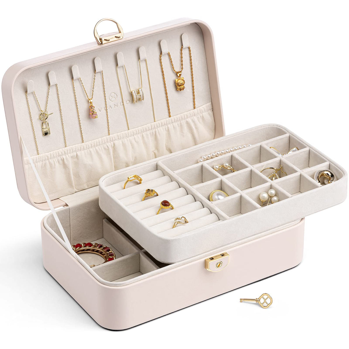 Vlando 2-Layer Jewelry Box,Valentines Day Gifts for Her Jewelry Organizer for Women Removable Jewelry Tray for Earrings Necklace,Gift Ideas,Birthday Graduation Gifts Apricot Pink