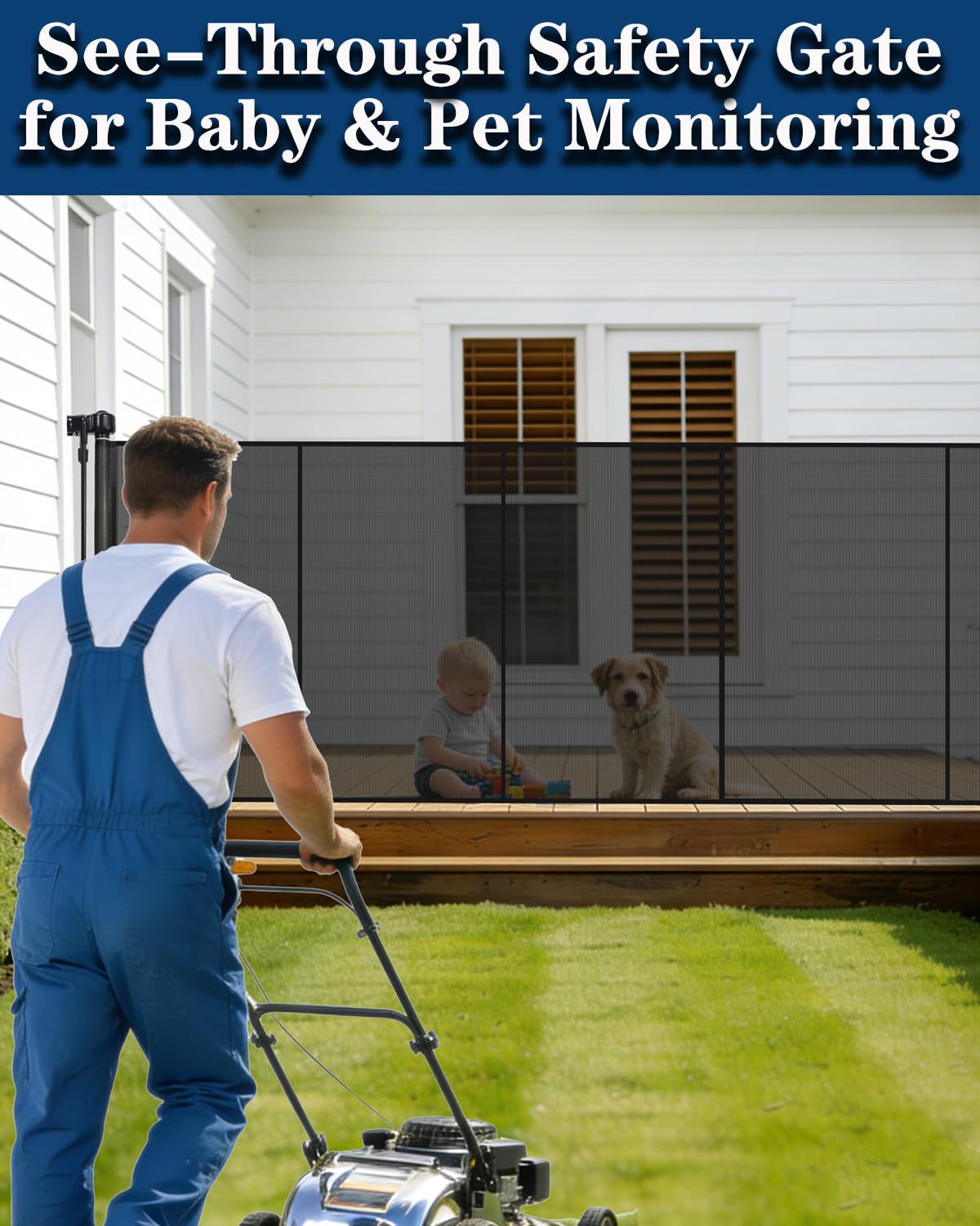160" Extra Wide Retractable Baby Gates, 42" Extra Tall Retractable Dog Gate Pet Gate with Support Rods, Long Mesh Screen Child Safety Gate for Garage Doorways Hallways Deck Porch, Outdoor Indoor Use