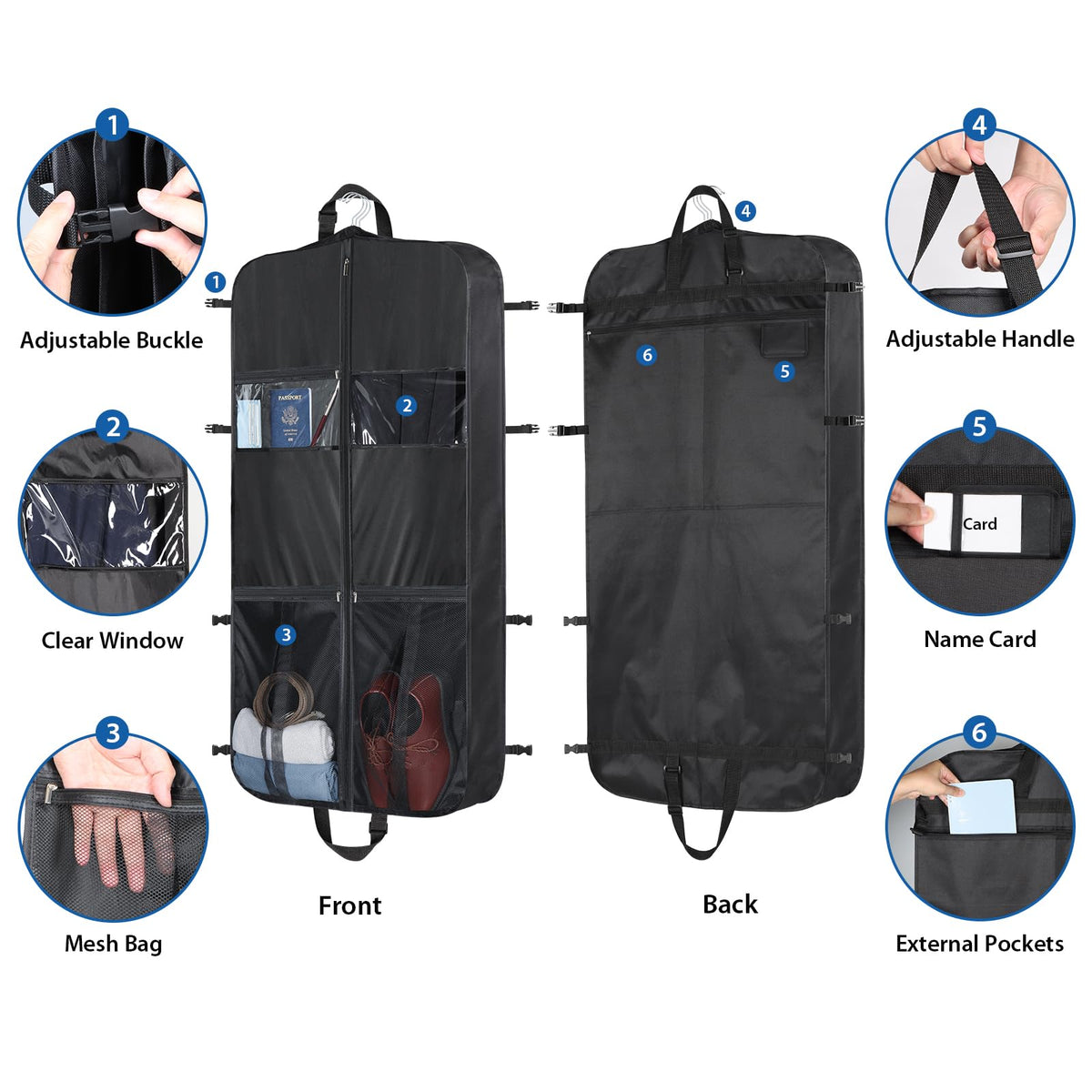 Zilink 48 Inch Garment Bags for Travel Heavy Duty Travel Suit Bag for Men Women with Buckles & Shoulder Strap Garment Bags for Hanging Clothes, Black