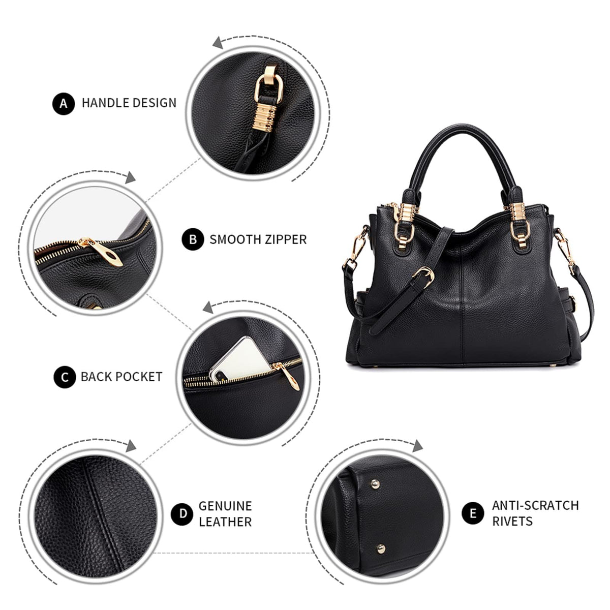 Kattee Women's Genuine Leather Purses and Handbags, Satchel Tote Shoulder Bag (Black)