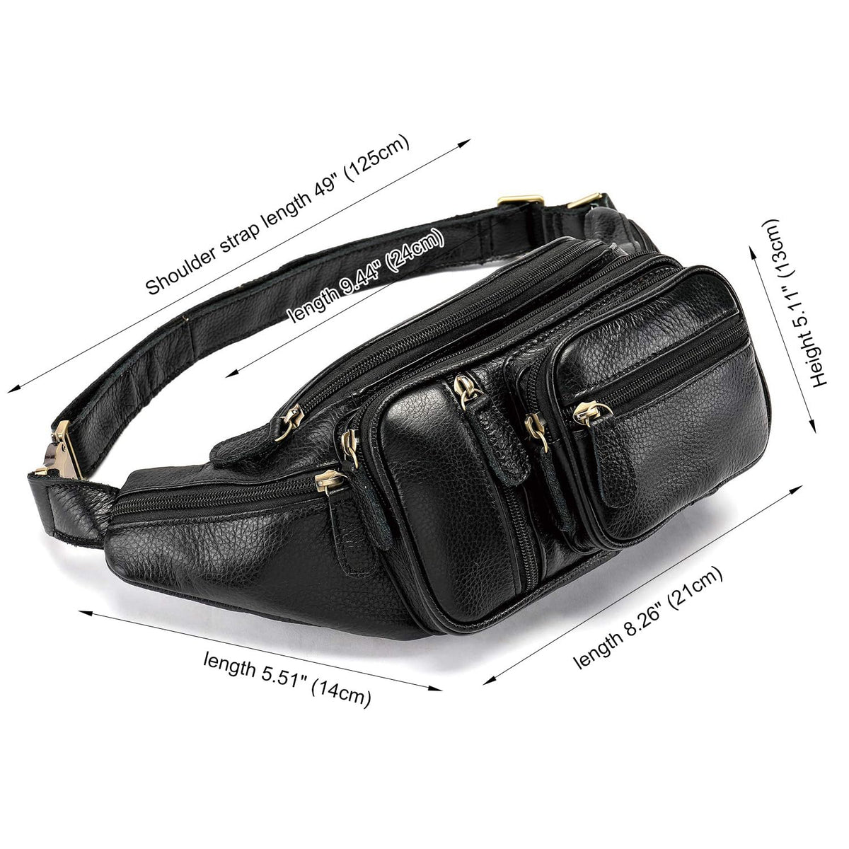 Genuine Leather Fanny Pack large capacity Crossbody Waist Bag with Zipper phone Pockets black