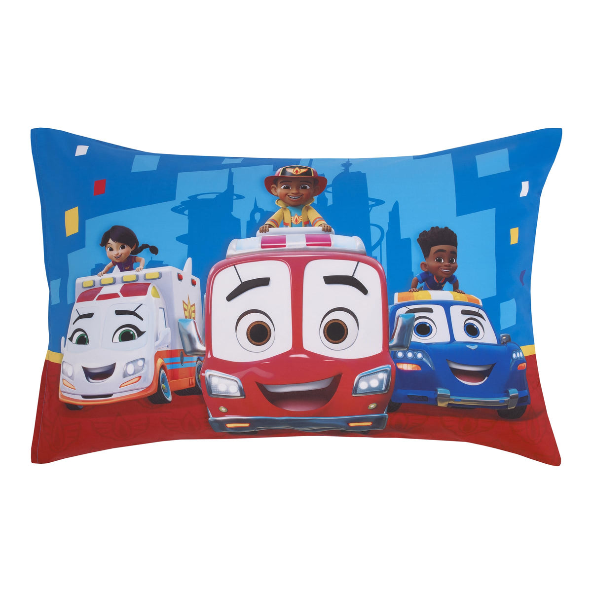 Disney Firebuds Let's Roll Red, Blue, and Yellow First Responders 4 Piece Toddler Bed Set - Comforter, Fitted Bottom Sheet, Flat Top Sheet, and Reversible Pillowcase
