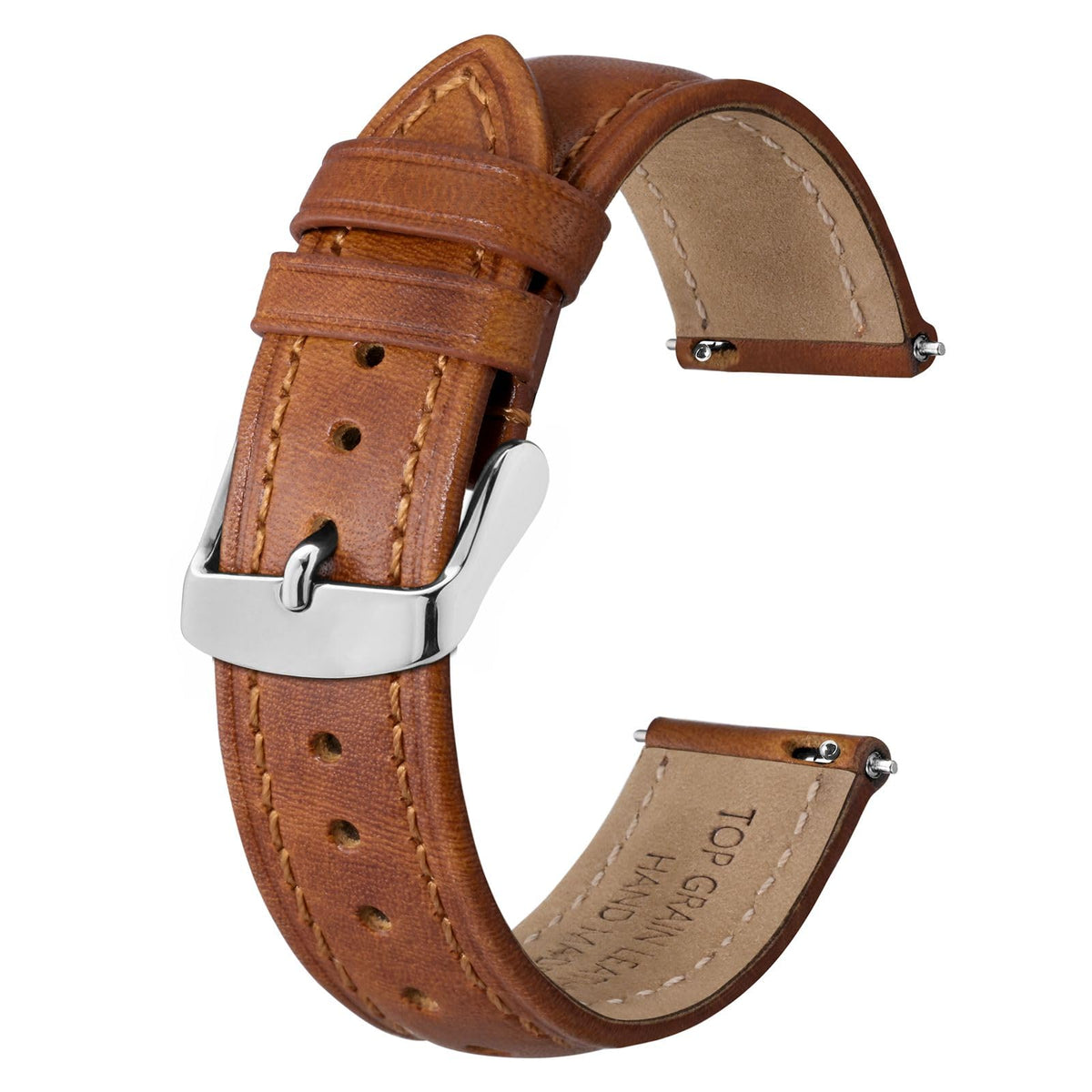 BISONSTRAP Retro Leather Watch Straps for Men, Oil Waxed Calfskin Replacement Band, Quick Release, 18mm, Toffee Brown (Silver Buckle)