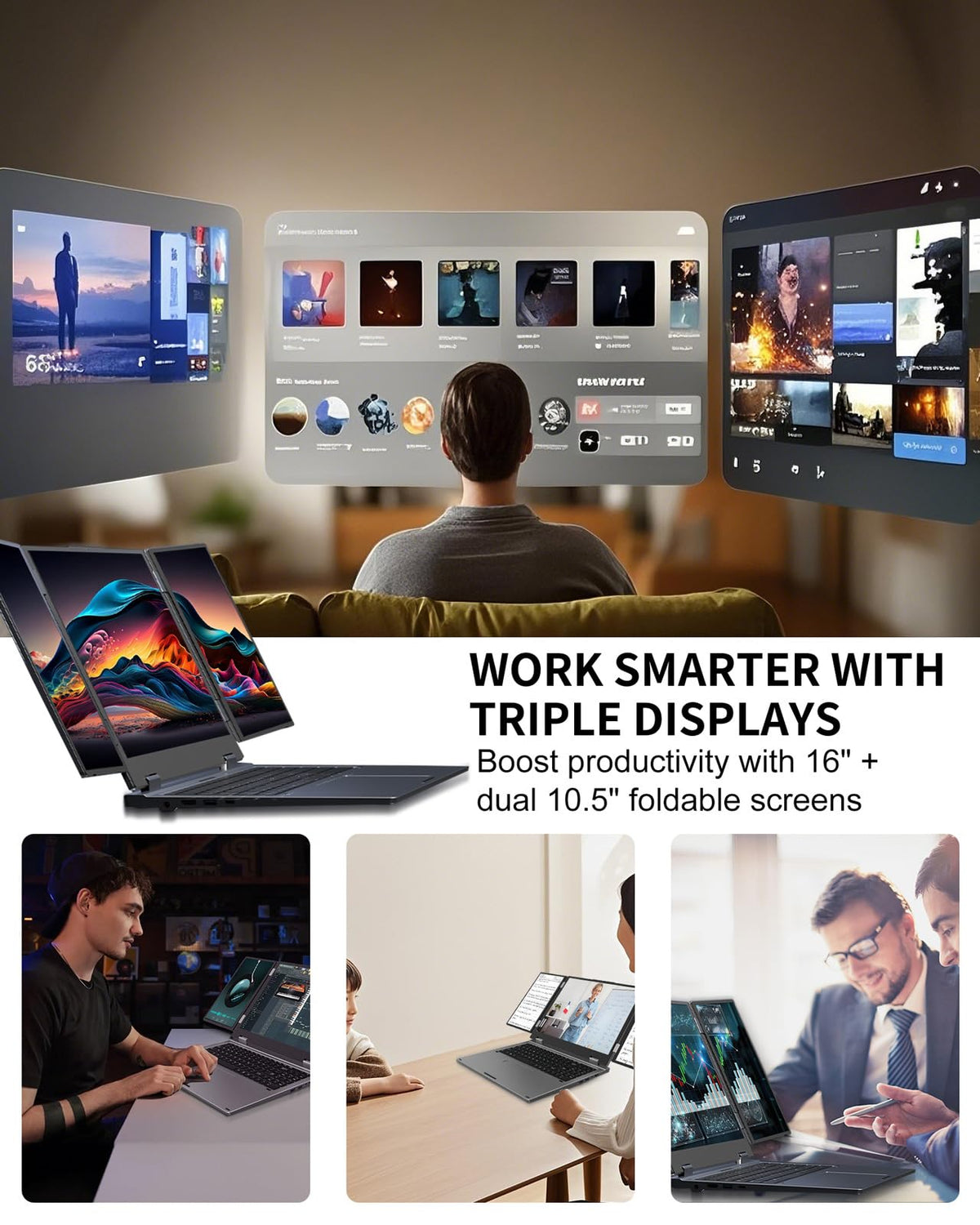KOOFORWAY Triple Screen Laptop, 16" Main + Dual 10.5" Monitors, Core i7-12700H, 32GB RAM, 2TB SSD, Win 11 Pro, Wi-Fi 5, BT 5.0, Face & Fingerprint Unlock, USB-C, HDMI (16GB RAM + 1TB SSD)