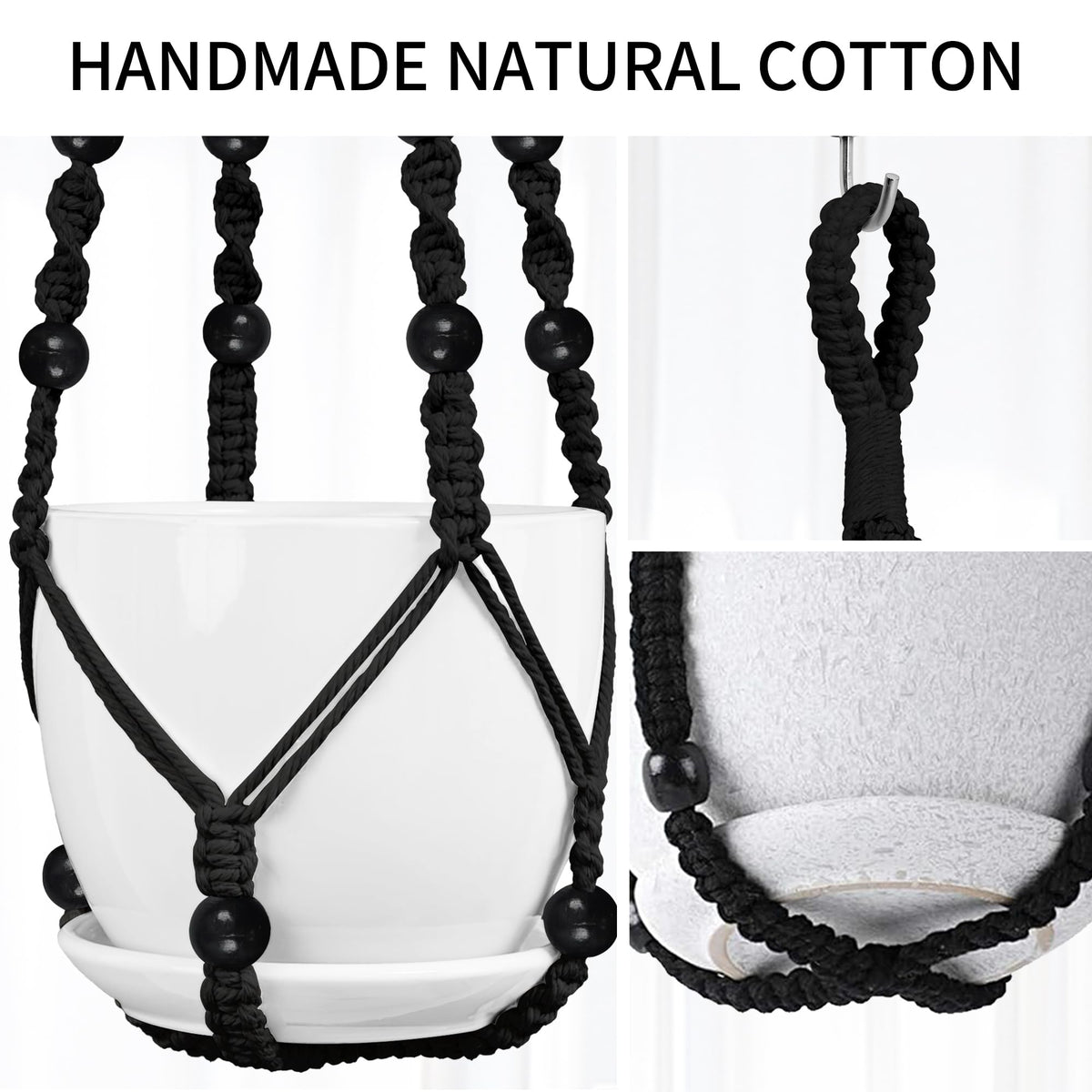 IDEEEPAN Macrame Plant Hanger - Fits 4 to 15 inches Pots for Indoor Outdoor, 43"/35"/29" Different Sizes Set, Black (POTS NOT Included)