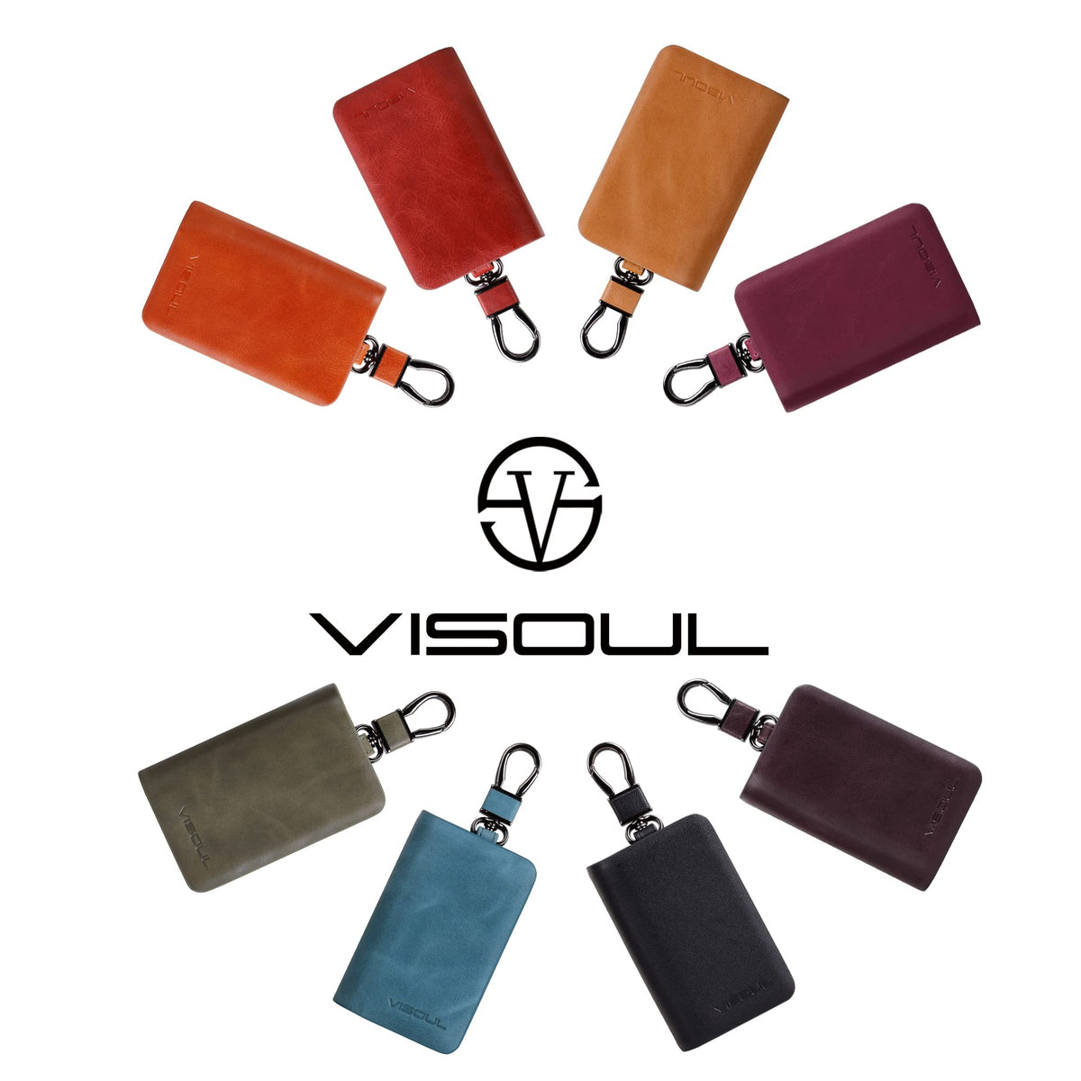 VISOUL Car Key Case Holder Double Zipper, Leather Car Smart Key Fob Case with Keychain for Men and Women-Coffee