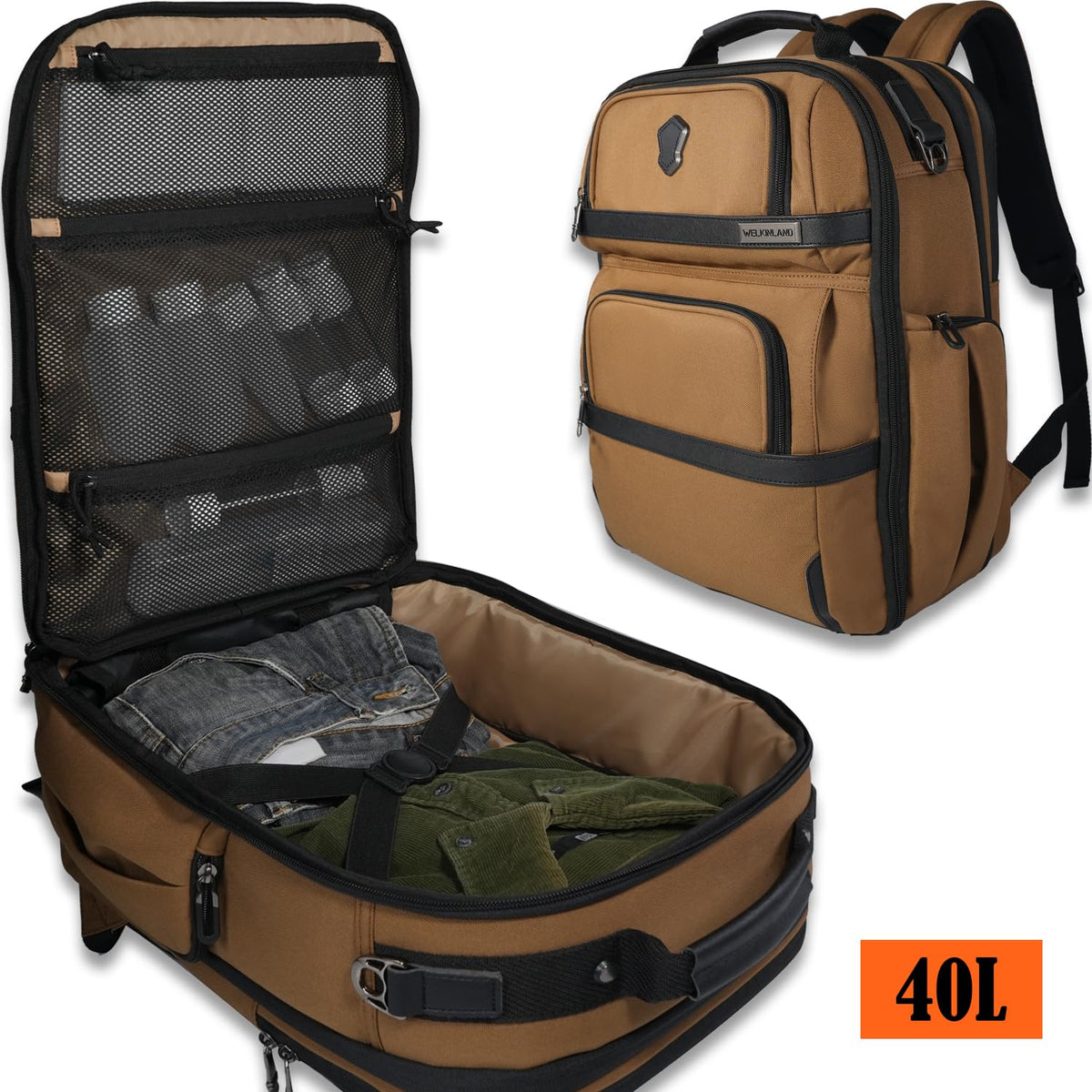 WELKINLAND 20-Pockets Travel Backpack, Carry-On luggage backpacks, 16-Inch laptop backpack for men, Expandable backpack with trolley sleeve, Travel backpack with shoe compartment