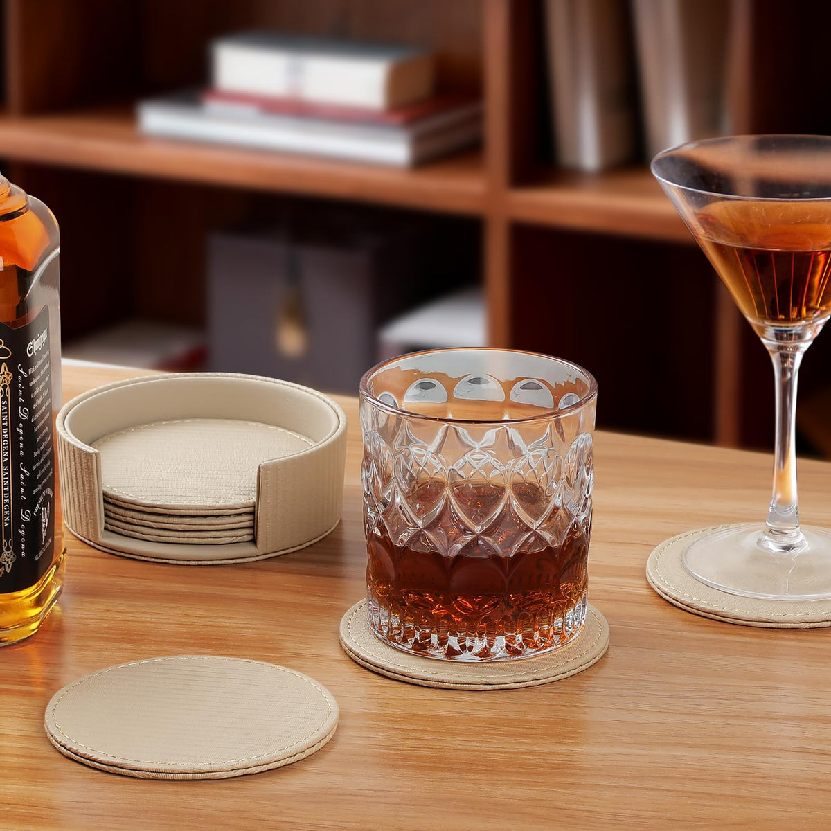 Leather Coasters Set of 6 with Holder, Tabletop Protection, Coffee Table & Bar Decoration, Modern-Style Drink Coasters Suitable for Home Dining Tables & Kitchen Accessories (Beige Stripe)