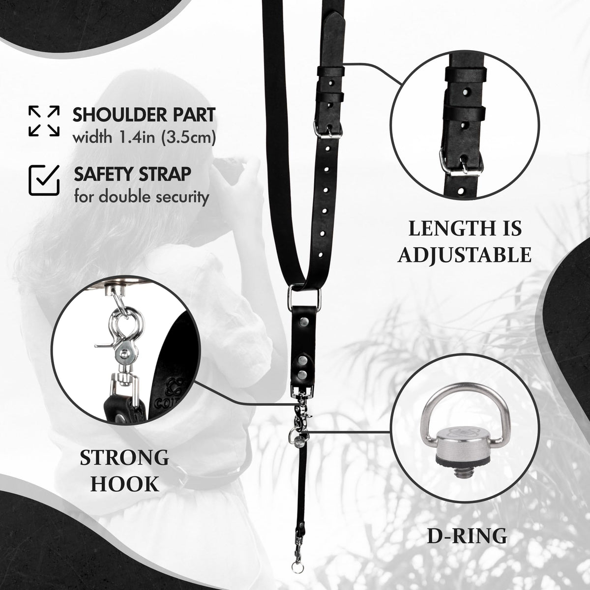 C Coiro Leather Camera Strap for One Camera - Professional Single Leather Harness Shoulder Strap Quick Release Gear DSLR/SLR, Camera Accessories for Photography, Black
