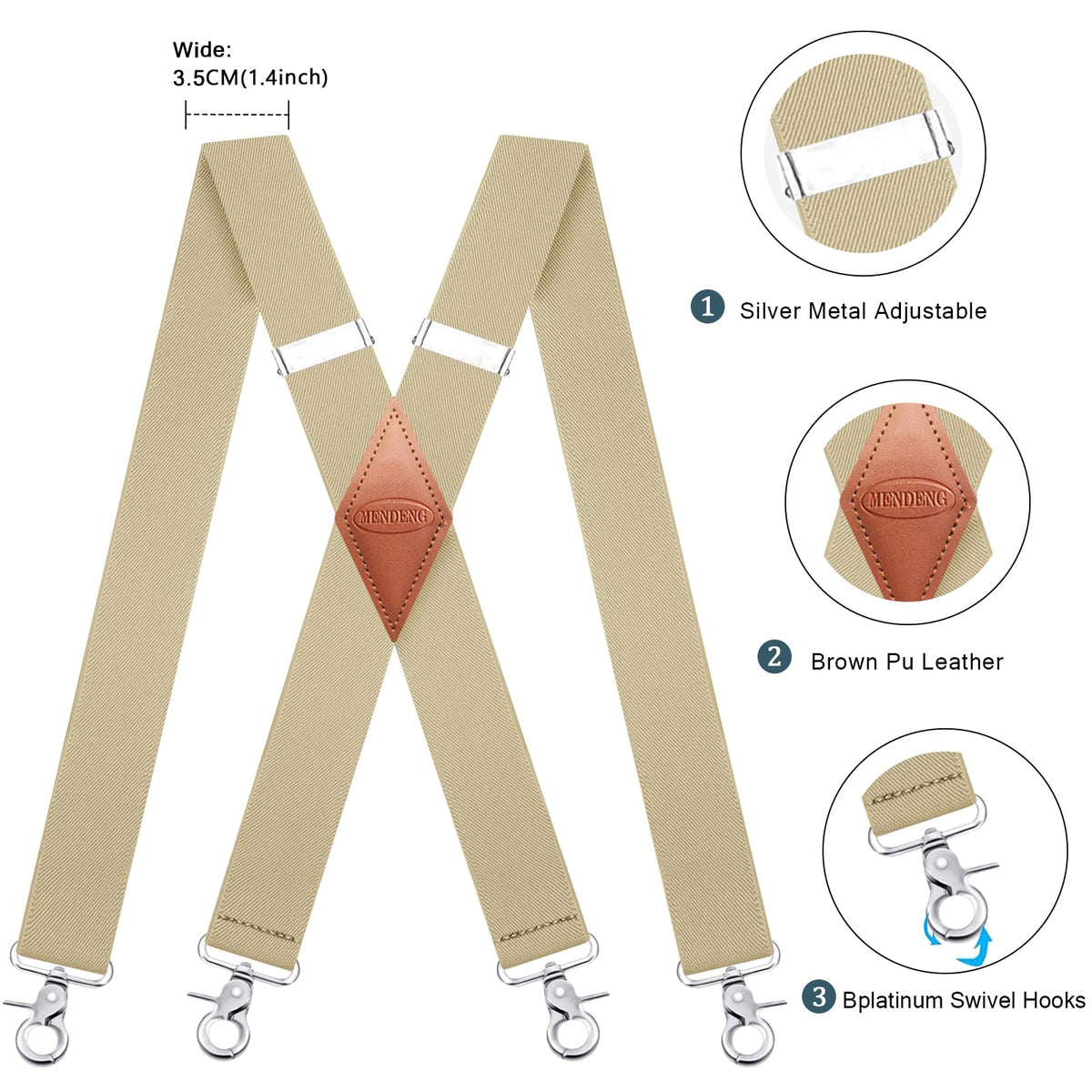 MENDENG Suspenders for Men with 4 Snap Hooks Adjustable Braces Groomsmen Beige