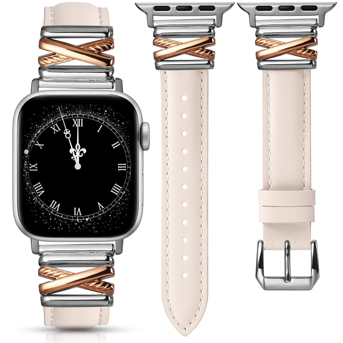 Minyee Leather Band Compatible with Apple Watch 38/40/41/42mm Women, Dressy Slim Premium Leather Strap with X-Shape Metal Buckle for iWatch Series 11 10 9 8 7 6 5 4 SE/Ultra 3 2 1, Rose Gold/Sliver