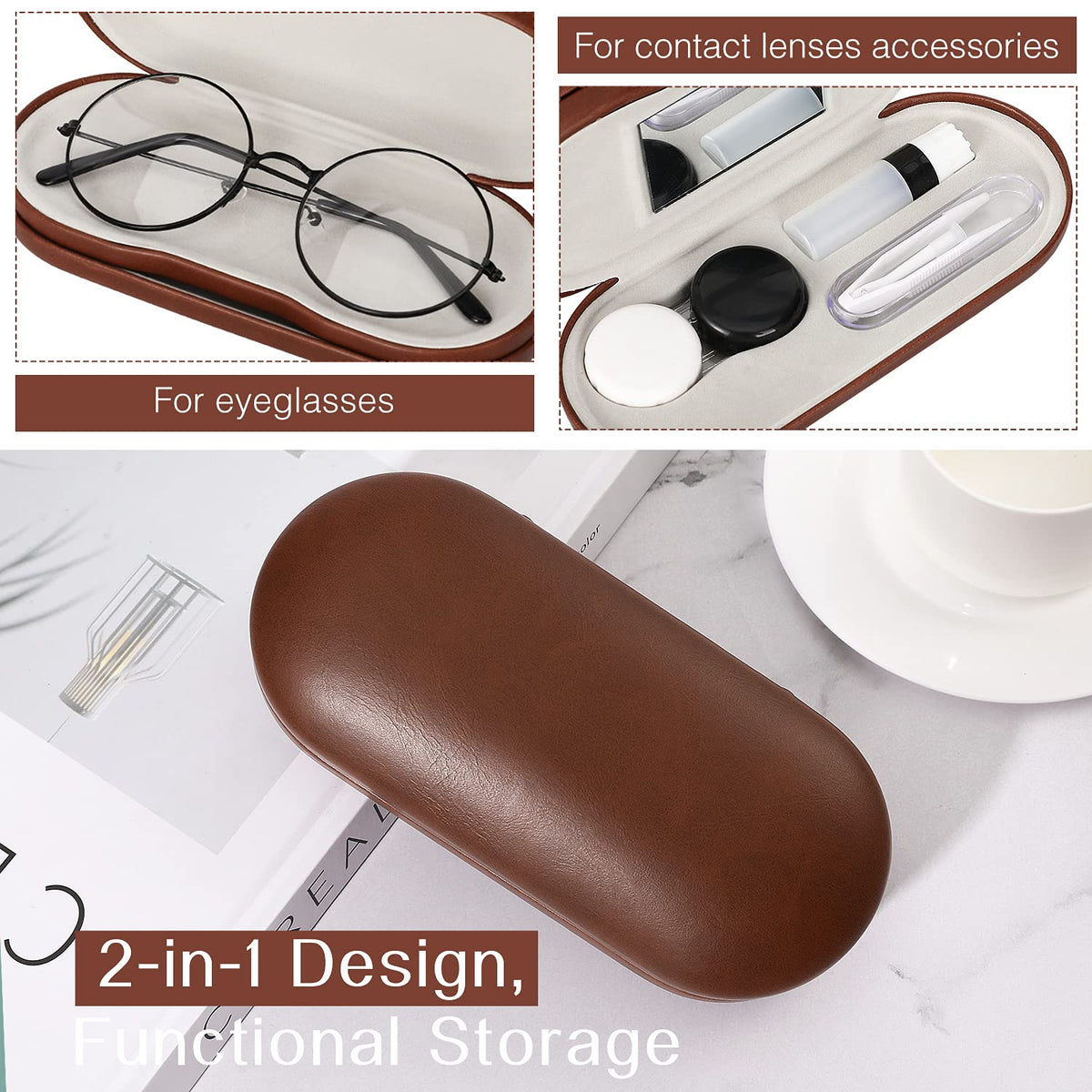 MoKo Double Eyeglass Case, Contact Lens Case with Mirror Tweezers Remover, 2 in 1 Double Sided Portable Contact Lens Box Holder Container Soak Storage Kit Sunglasses Pouch for Men & Women, Brown