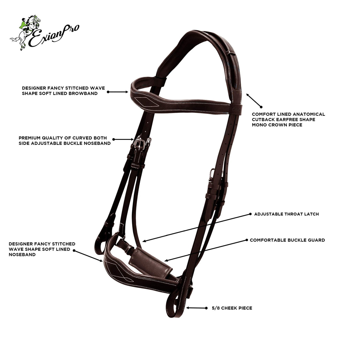 Exion Dressage Bridle with Anatomic Mono Crownpiece, Crank Noseband, Browband and Hand Stopper Reins for Horses