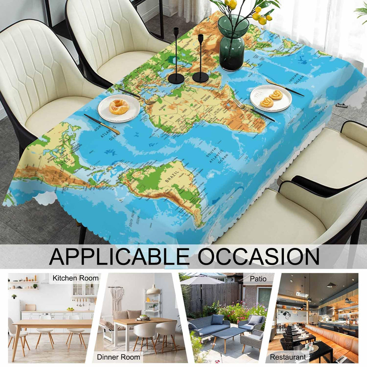 Beabes Tablecloth World Map 52 X 70 Inch, Physical World Map Blue Oblong Table Cloths Anti-Shrink Decorative Table Cover for Kitchen Dinning Tabletop Outdoor Picnic BBQ