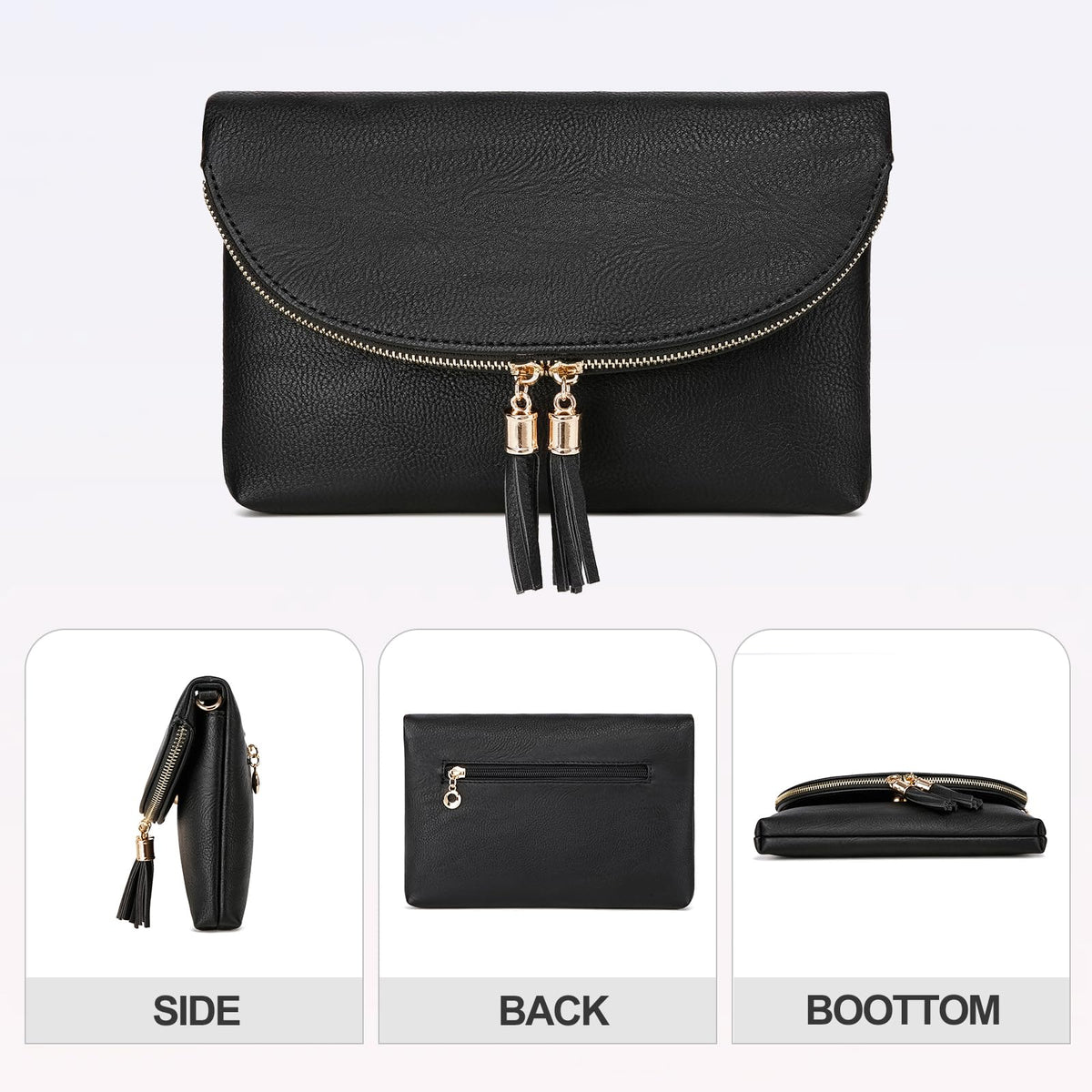 Solene Women's Envelop Clutch Crossbody Bag With Tassels Accent (WU075-Black)