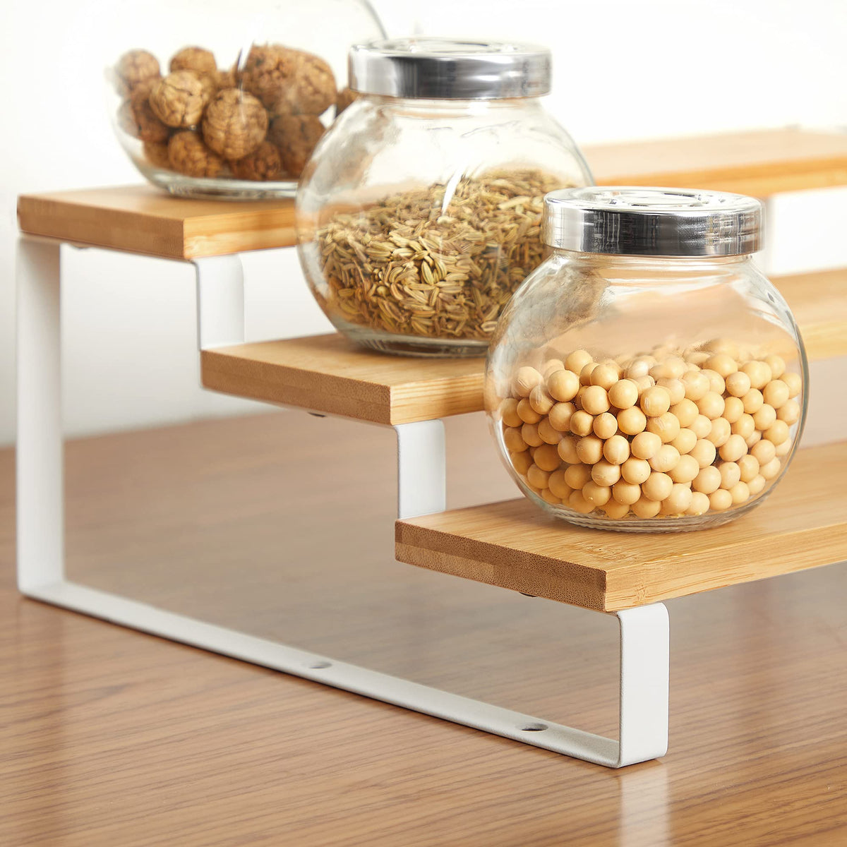 SONGMICS Display Risers, Set of 2 Engineered Wood Perfume Organizer Stand, 3-Tier Cupcake Stand Holder, Spice Rack, Shelf Risers for Figures, Dessert Shelves, Natural Beige and Cloud White UKCS016N02