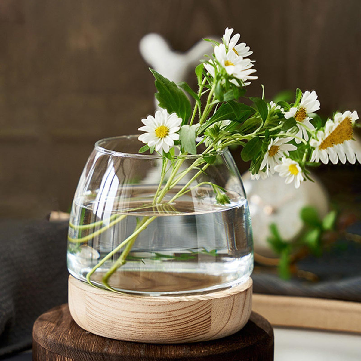 Hydroponic Vase - Durablee Hydroponic Plant Vase, Transparent Glass Fish Bowl Vase with Wooden Support | Wide Mouth Terrarium Flower Vase, Glass Hydroponic Planter Clear Fish Bowl for Home Decoration