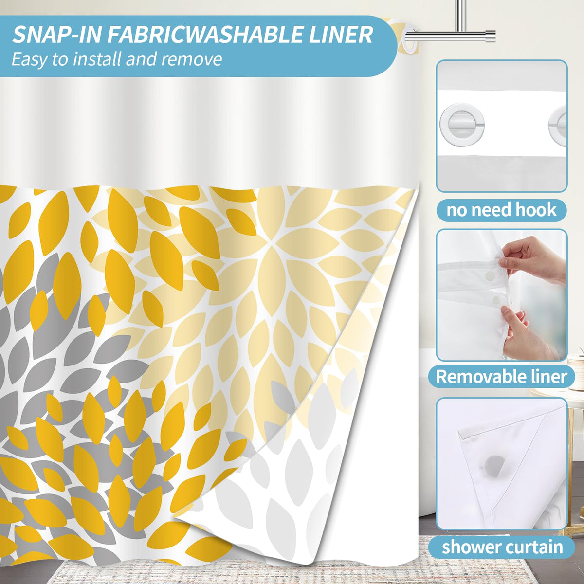 Mowxune No Hook Shower Curtain,Deluxe Yellow Dahlia Floral Shower Curtains for Bathroom,Hotel Style Aesthetic Decor,Gray Petal Pattern,Stylish Floral,with White Removable Liner,71x74 inches