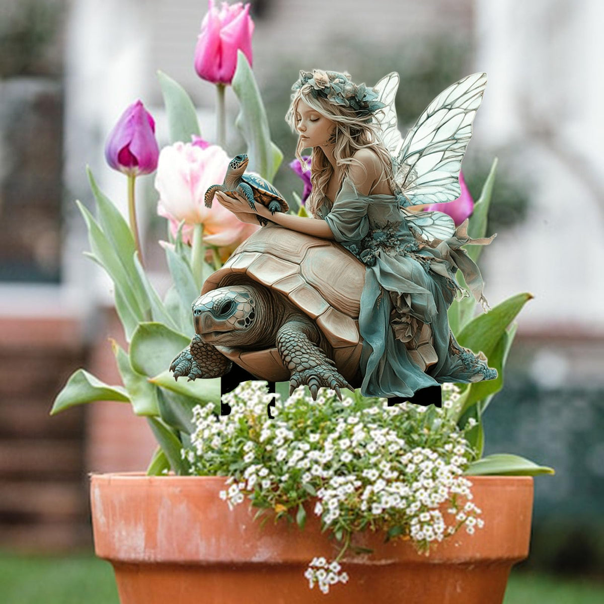 ANNUOZE Fairy Garden Stake Decor, 2D Flat Acrylic Fairy Garden Decor Panel, Elf Yard Sign for Outdoor Indoor Yard Lawn Plants Pots, Fairy Garden Accessories (Fairy and Turtle)