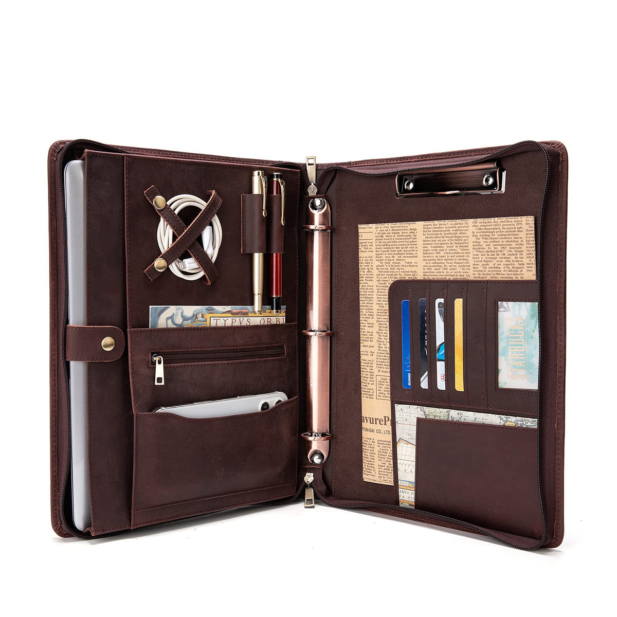 YIWEN Handmade Leather Portfolio with Handle, 3 Ring Binder, Zippered Padfolio for 13" Tablet, 8.5 x 11 Notepad, Professional Business Document Organizer (Dark Brown, Crazy Horse Leather)