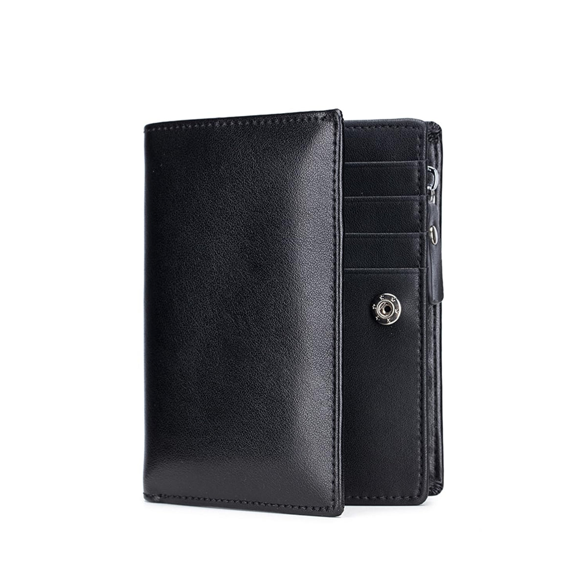 Karmiir Men’s RFID Vertical Bifold Leather Wallet with Zipper Coin Pocket, Multiple Card Slots, ID Window & Double Bill Compartments, Business Wallet for Daily Use (Black/Black)