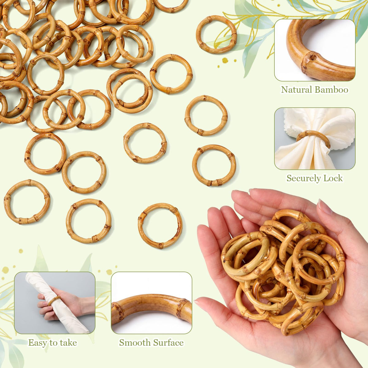 Thenshop 50 Pcs Decorative Bamboo Napkin Rings Bulk Exquisite Round Dining Table Napkin Holder Buckles for Elegant Dining Wedding Harvest Holiday Party Home Gift Mini Hanging Rings
