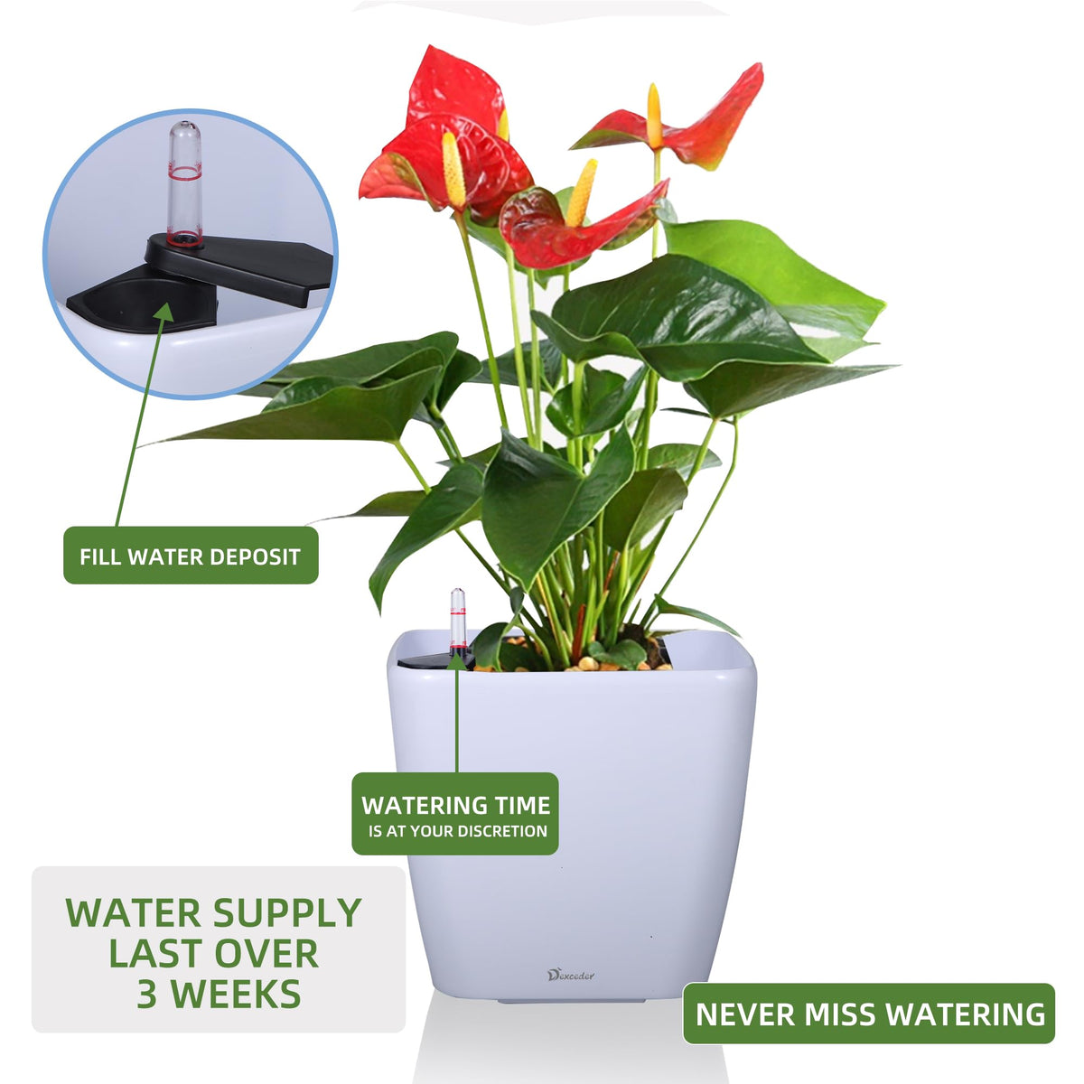 Dexceder 9x8 Self Watering Planter Indoor Outdoor, Inner Mat Design, Thickened Table Flower Plant Pot with Water Level Indicator (White High Gloss)