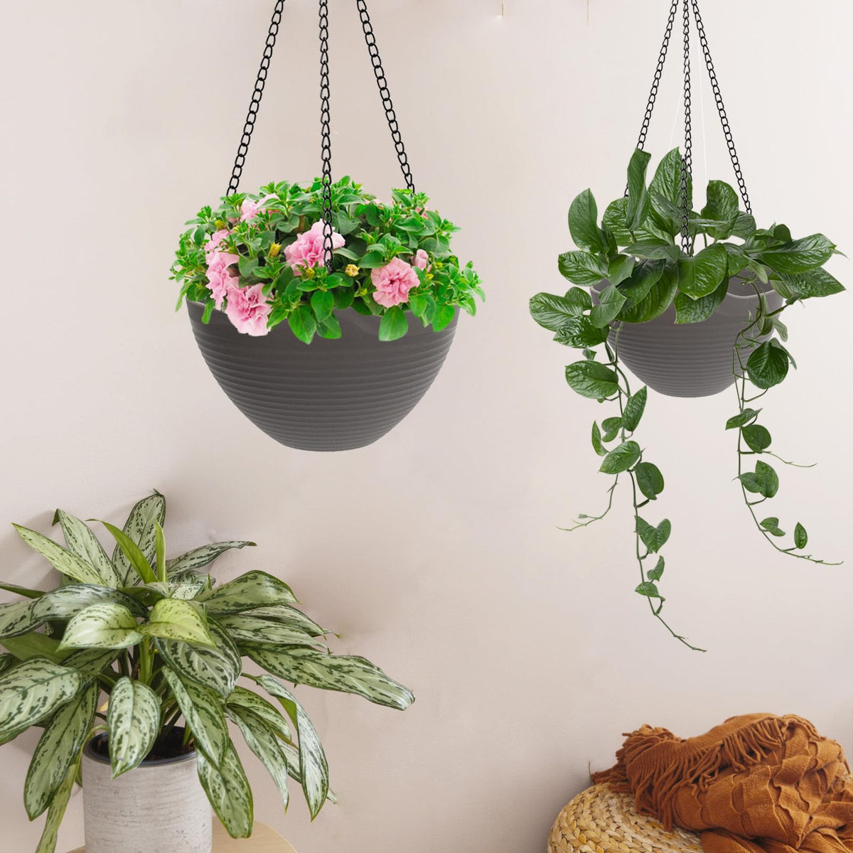 One Boat Hanging Planters for Indoor Plants 3 Pack - 7/8/10 Inch Plastic Hanging Pots with Water Sieve Mesh, Small Hanging Pots for Home Garden, Porch, Balcony & Patio Decor, Black