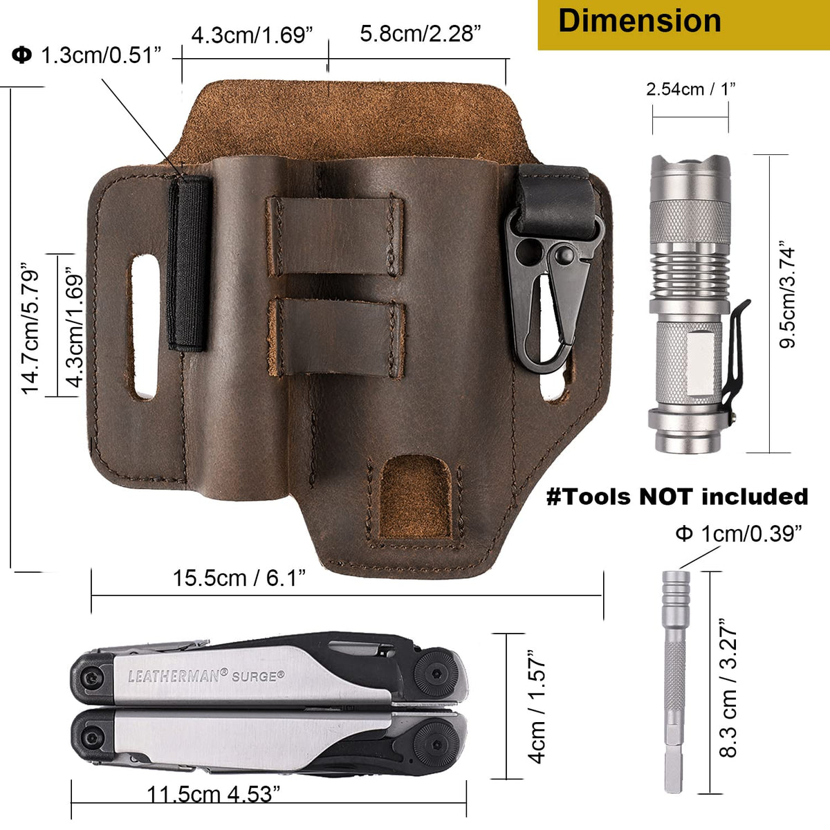Gentlestache Multitool Leather Sheath for Belt, EDC Organizer, Multitool Pouch,Leather EDC Sheath with Elastic Band Pen Holder, Flashlight Holder and Keychain Clip, Practical Belt Pouch for EDC Gears