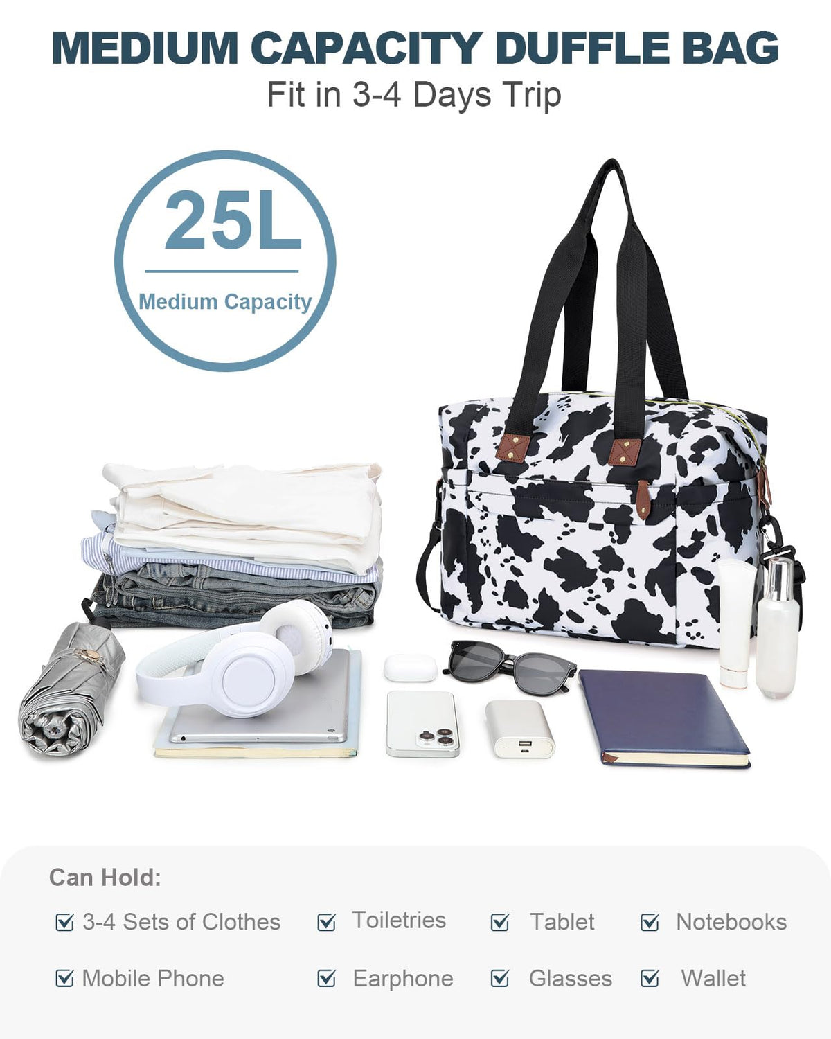 Pritent Travel Duffle Bag, Waterproof Weekender Overnight Hospital Bags for Women Men with Toiletry Bag Lightweight Personal Item Duffle Gym Bag for Travel, Airplanes, Sports(Cow Print, Large)