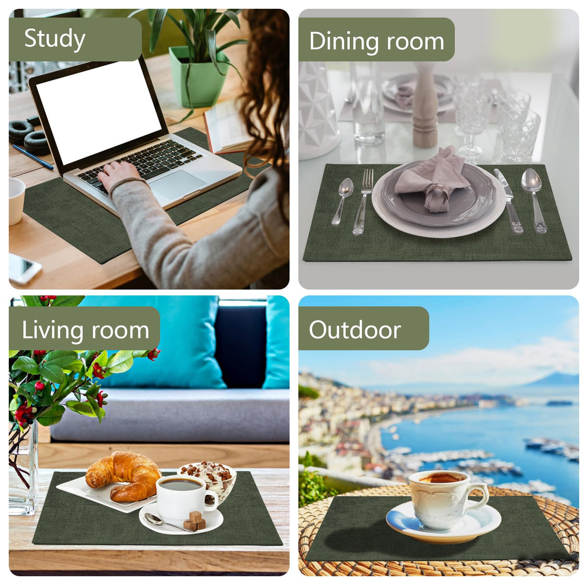JUCCWARM Faux Leather Placemats Set of 6,Heat Resistant Placemats for Dining Table, Easy Clean Non-Slip Place Mats, Waterproof Stain Resistant Wipeable Washable PU Table Mats, (Dark Green)