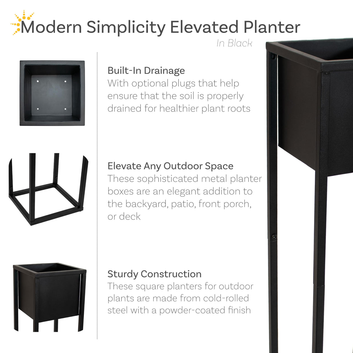 Sunnydaze Modern Simplicity 8.25" Square Metal Raised Planter Box with Legs - Set of 2 - Indoor or Outdoor Use - Black - 27" H