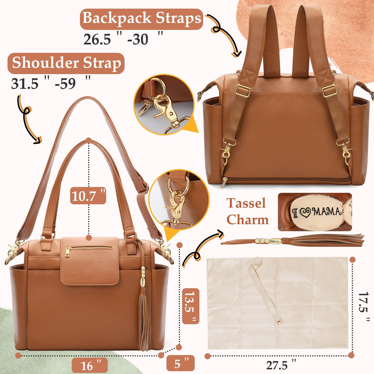 Omanmoli Diaper Bag Tote Leather Diaper Bag Backpack Large Baby Bag 14 Diaper Organizing Pouches,Changing Pad,Crossbody Strap,4 Insulated Pockets,Brown