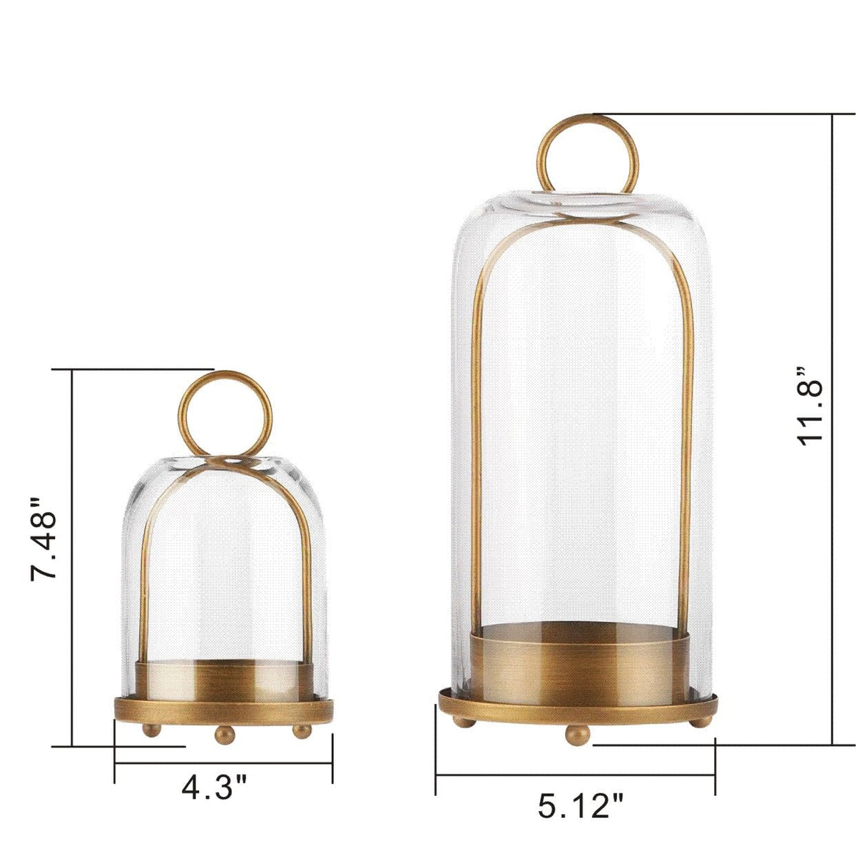 5" & 4" Wide Versatile Metal Candle Holder with Handmade Sturdy Glass Dome in Brass for Pillar Candle & Plants, 5.1" xH11.8 4" xH7.5, Industrial, Farmhouse, Shabby Chic. (2, Brass, Large & Small)