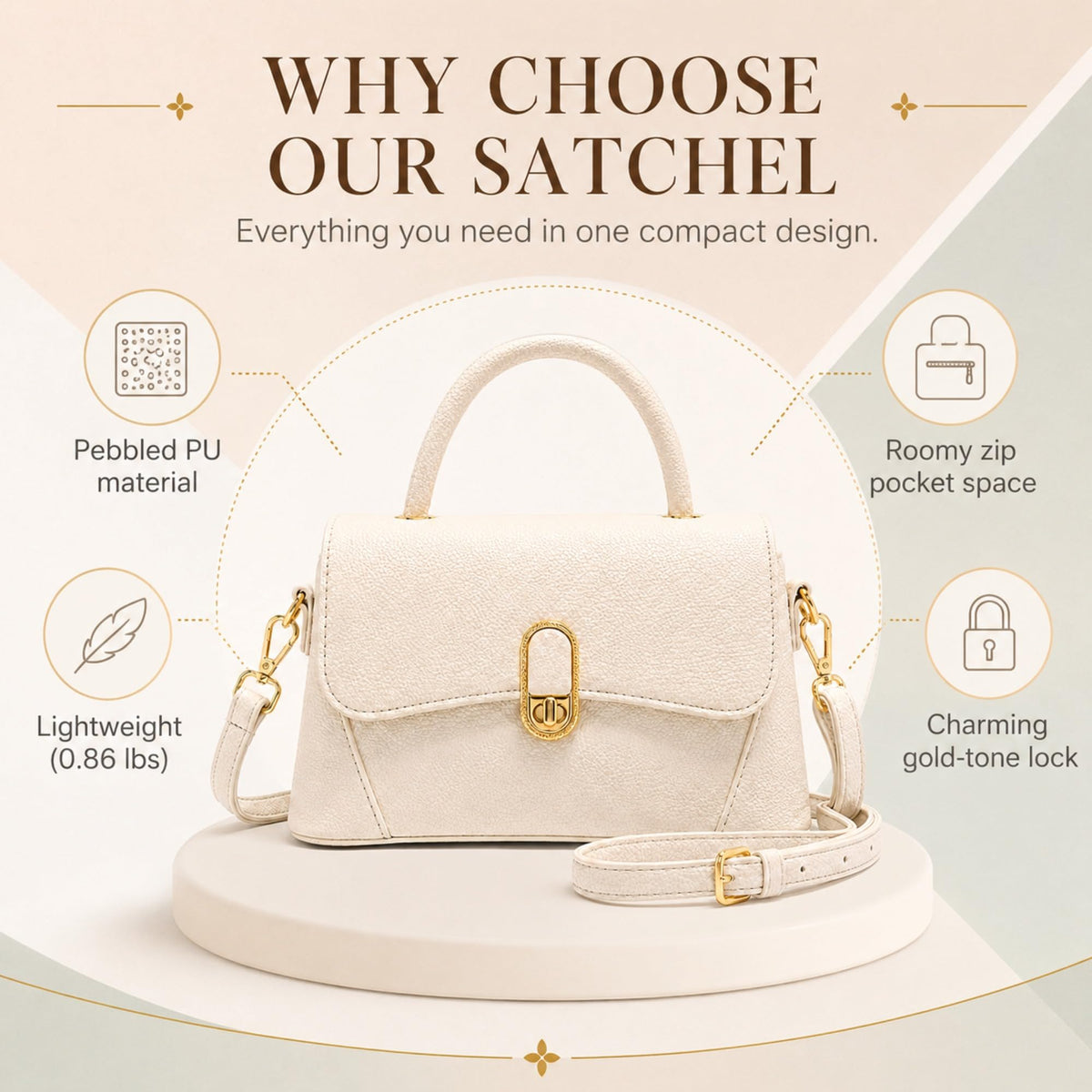Crossbody Bag for Women Small Satchel Purse, Pebbled PU Leather Handbag with Top Handle, Adjustable Strap, Gold Turn Lock, Zip Pocket, White Everyday Shoulder Bag