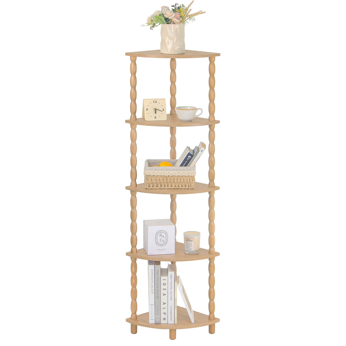 MaxSmeo Corner Bookshelf, 5-Tier Corner Shelf Stand, Modern Corner Plant Shelves with Storage, for Bedroom, Bathroom, Kitchen, Living Room (Rustic Walnut)