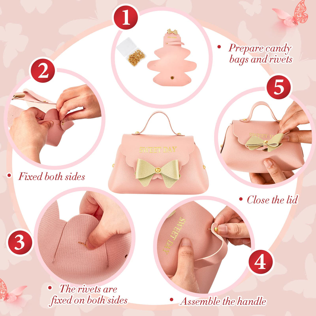 Dandat 24 Pcs PU Leather Bowknot Gift Boxes 5x3 Inch Reusable Candy Favor Bags with Handles, Elegant Mini Handbag Purse for Wedding, Birthday, Party Favors(Pink)