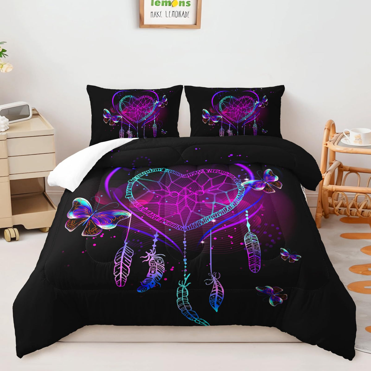 AILONEN Neon Love Comforter Set Queen Size, Valentine Gift Crystal Purple Butterfly Plume Design Bedding Set,Black and Purple Bedroom Decor Print Quilt 3Pcs (1 Comforter+ 2 Pillowcases)