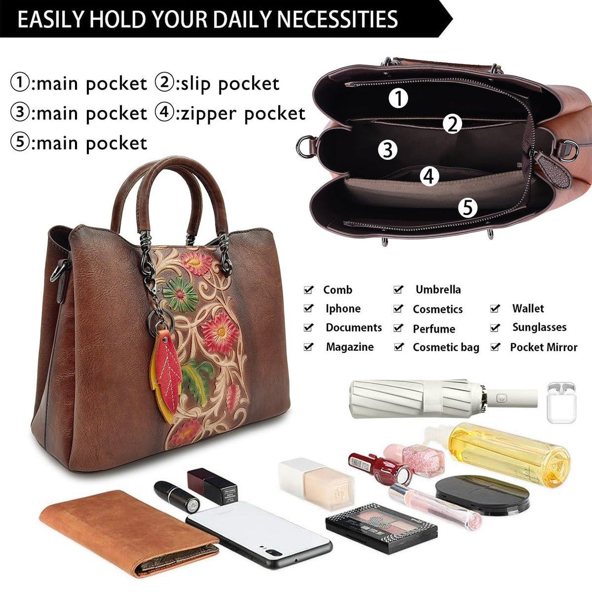 Genuine Leather Vintage Embossed Handbag for Women - Artisanal Cowhide Floral Crossbody Purse with Unique Craftsmanship (coffee)
