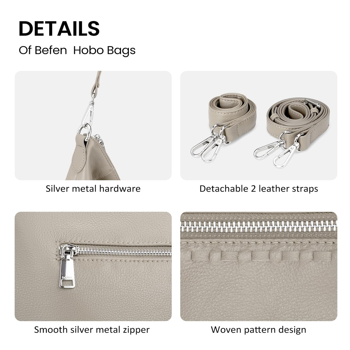 befen Soft Shoulder Purses for Women Genuine Leather, Medium Crossbody Hobo Purses for Women, Ladies 100 Percent Real Leather Purse, Lightweight Shoulder Handbags Beige Grey