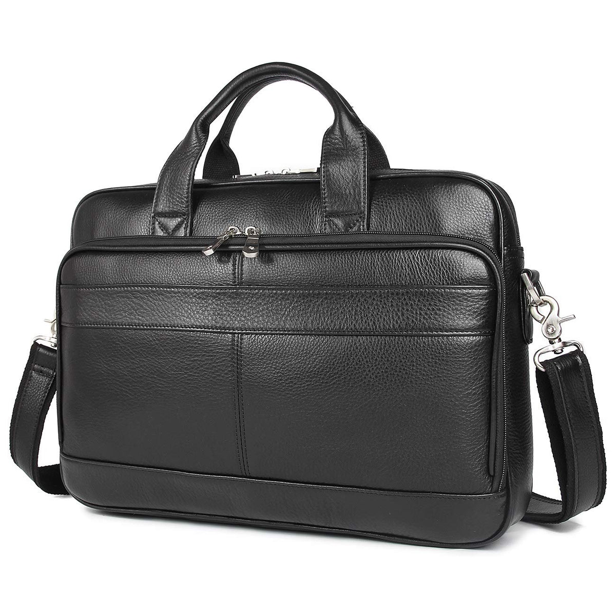 Augus Genuine Leather Messenger Bag for Men Vintage Travel Backpack 14 inch laptop Briefcase Shoulder Bags Black With YKK Metal Zipper
