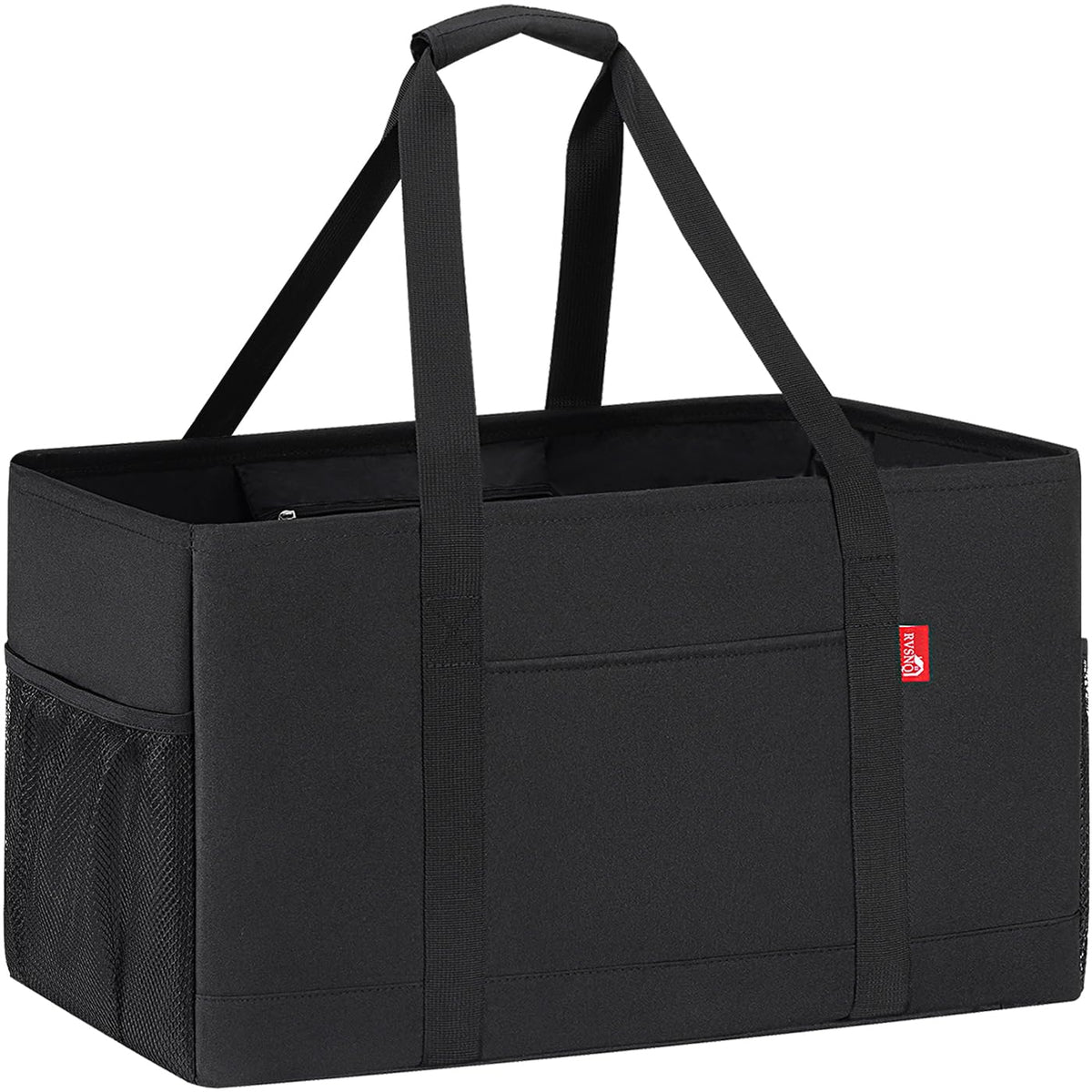 RVSNQ Extra Large Utility Tote Bag, Foldable Reusable Grocery Bags with Metal Wire Frame & Reinforced Bottom Board, Stand Up Large Utility Tote for Shopping, Beach Bag, Laundry, Car (Black)