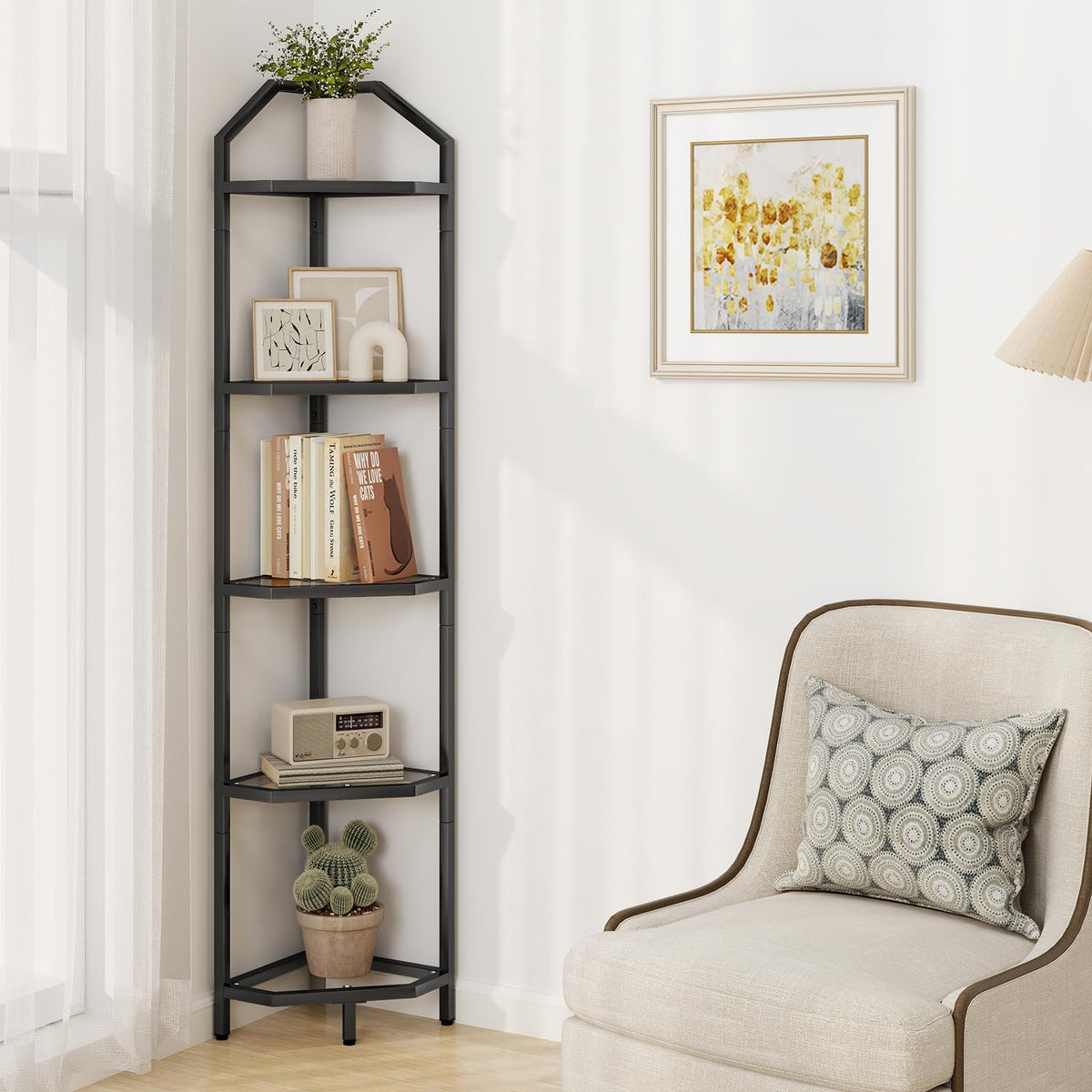 5 Tier Corner Wall Shelf Stand, 66" Metal Corner Shelves Bookshelf Display Shelf for Living Room Decor, Tall Plant Stand Multi Unit Organizer, Standing Shelf for Bedroom,Bathroom,Small Space (Black)