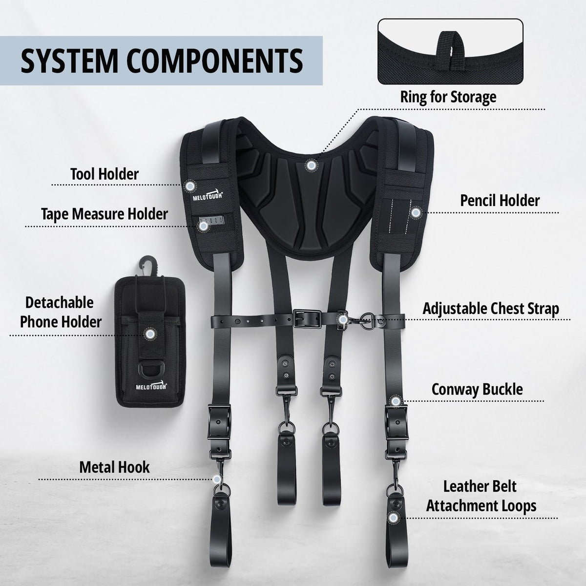 MELOTOUGH Oil Tanned Leather Padded Tool Belt Suspenders for Men,Carpenter Tool Bag Suspenders- Heavy Duty & Padded Support w/Adjustable Chest Strap,Electrical Worker,Gifts for Men,Black