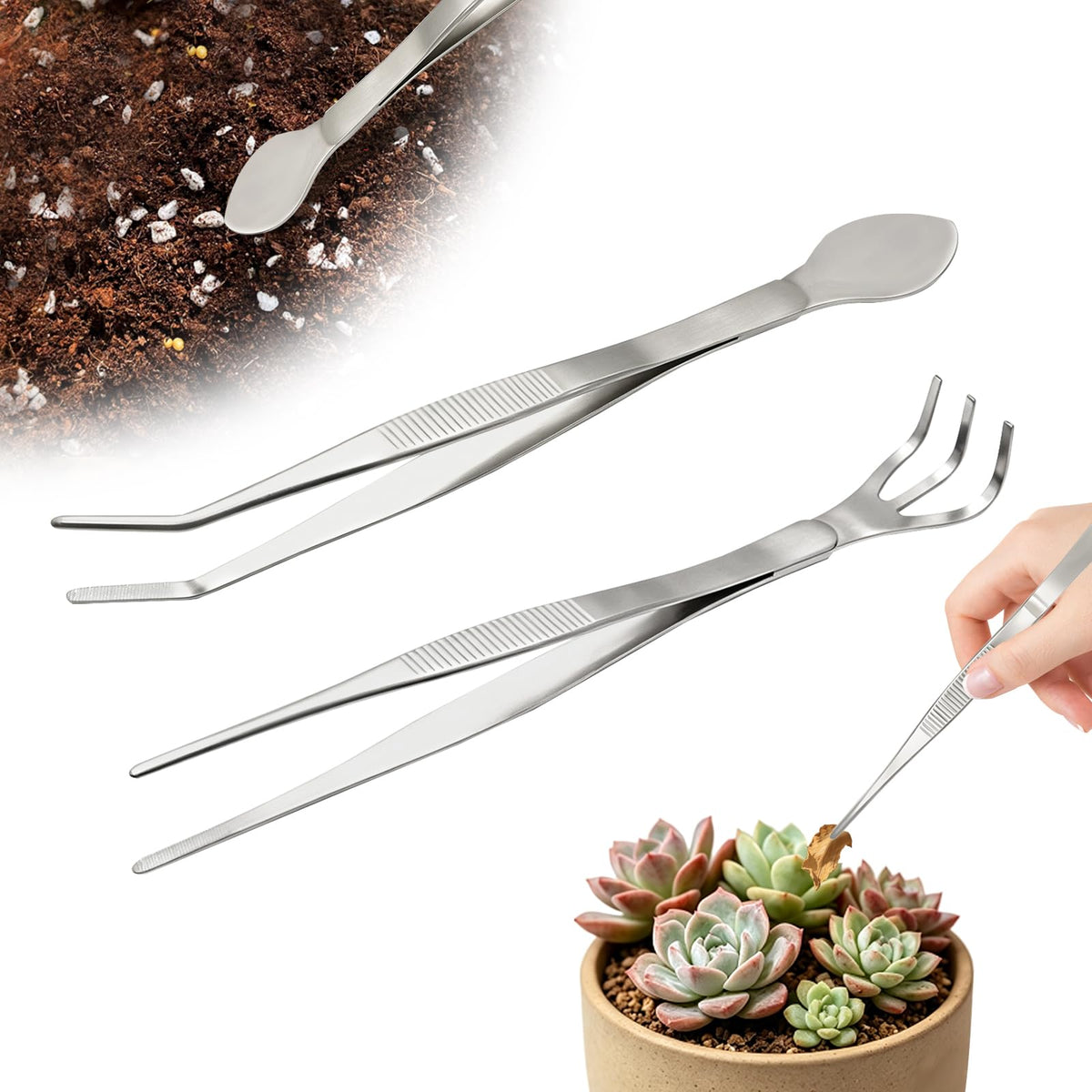 Ruatu 2 PCS Stainless Steel Garden Tweezers Set 2-in-1 Long Plant Tweezers Gardening Tools with 8.9" Curved Tine & 8.7" Straight Rake for Plants, Lawn, Bonsai, Succulents